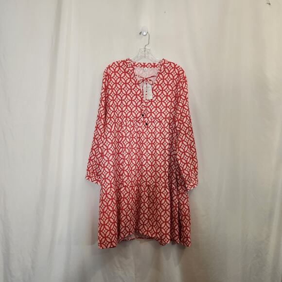 Pink Floral Geometric Tie Neck Smocked Mini Boho Career Dress Womens 2XL NEW - Picture 1 of 9
